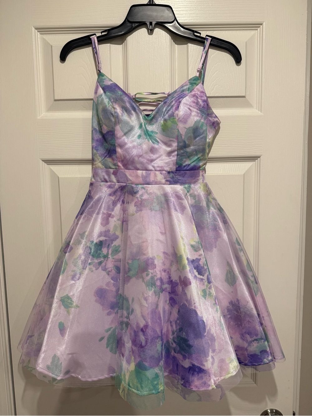 Girls City Studio Lavender and Green Floral Spaghetti Strap Party Dress